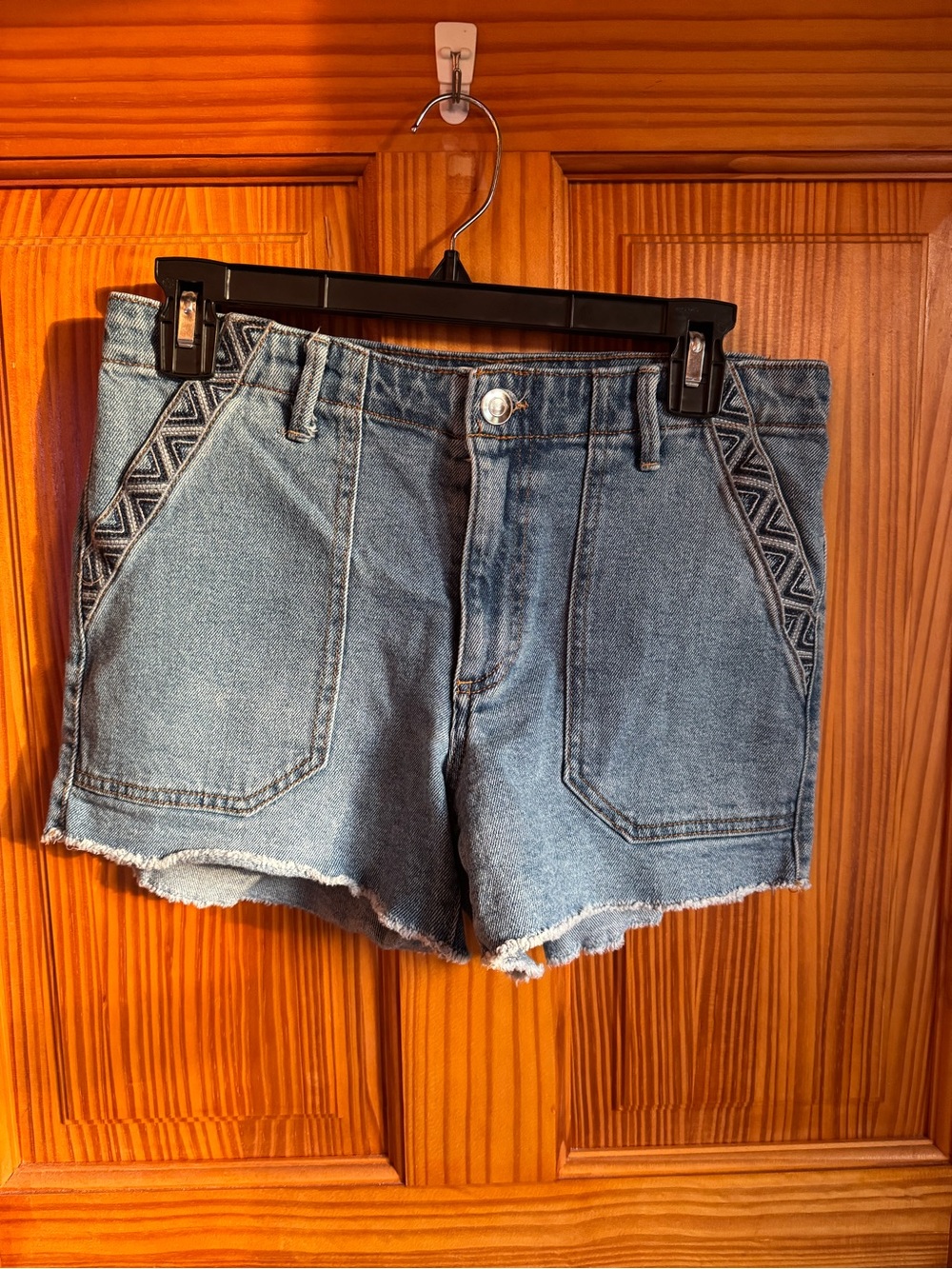 Knox Rose Blue Denim Shorts with Geometric Trim - Womens